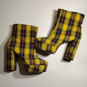 Super Cool Y2K Retro Plaid Yellow Chunky Block Platform Boots